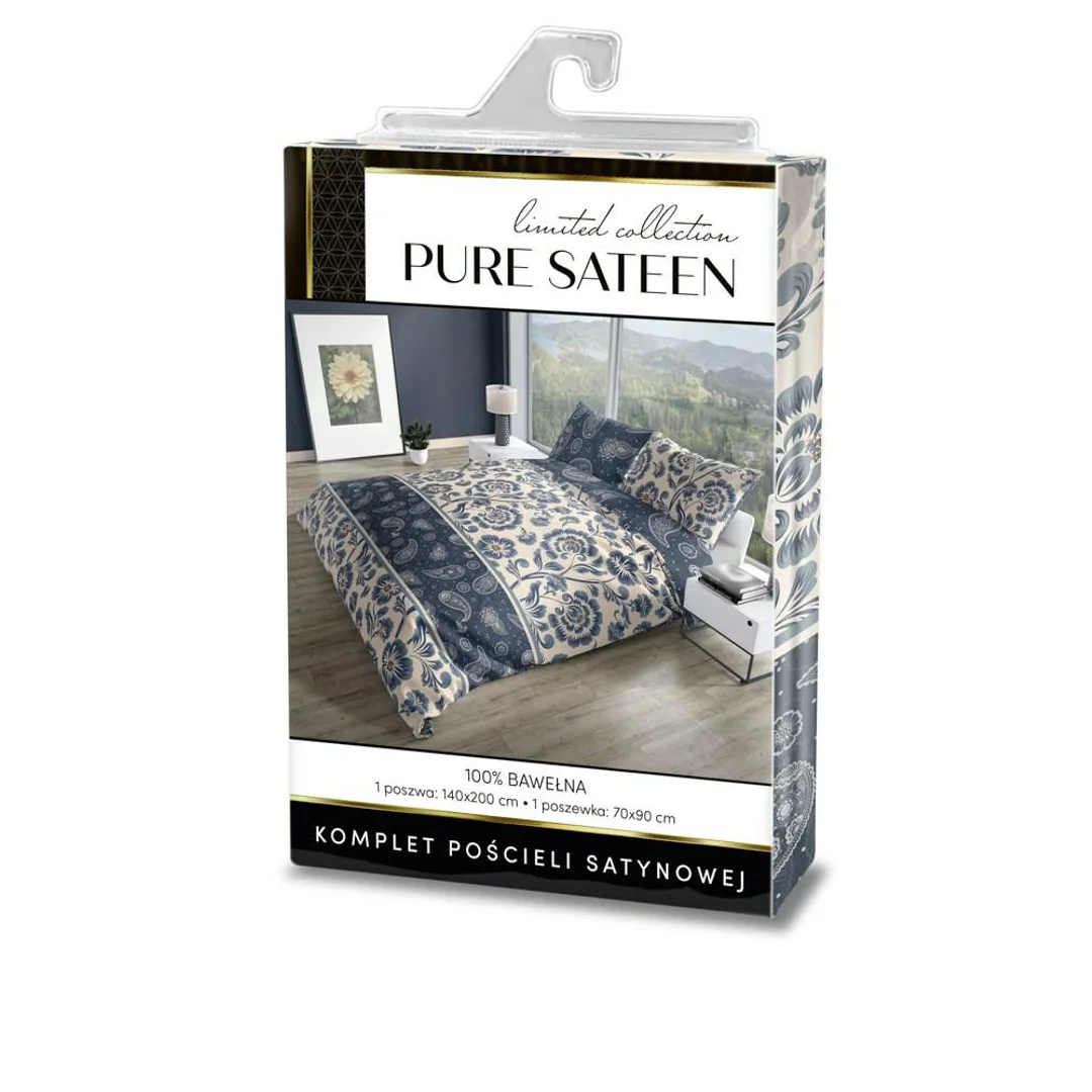 Pościel satynowa 220x200 Pure Sateen 008 kremowa niebieska kwiaty Faro — zdjęcie 5