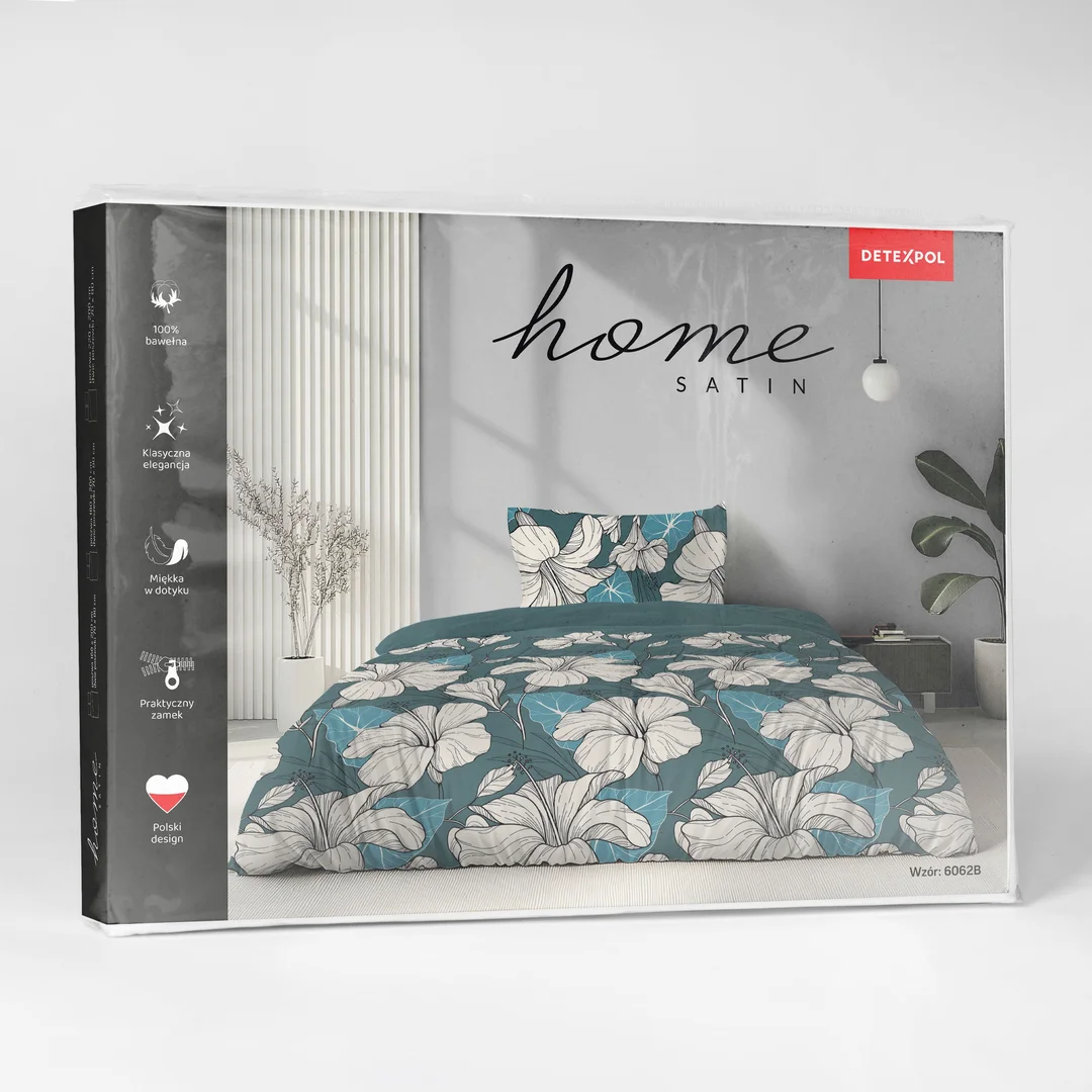 Pościel satynowa 220x200 turkusowa w białe kwiaty - 6062 B - Home Satin — zdjęcie 3