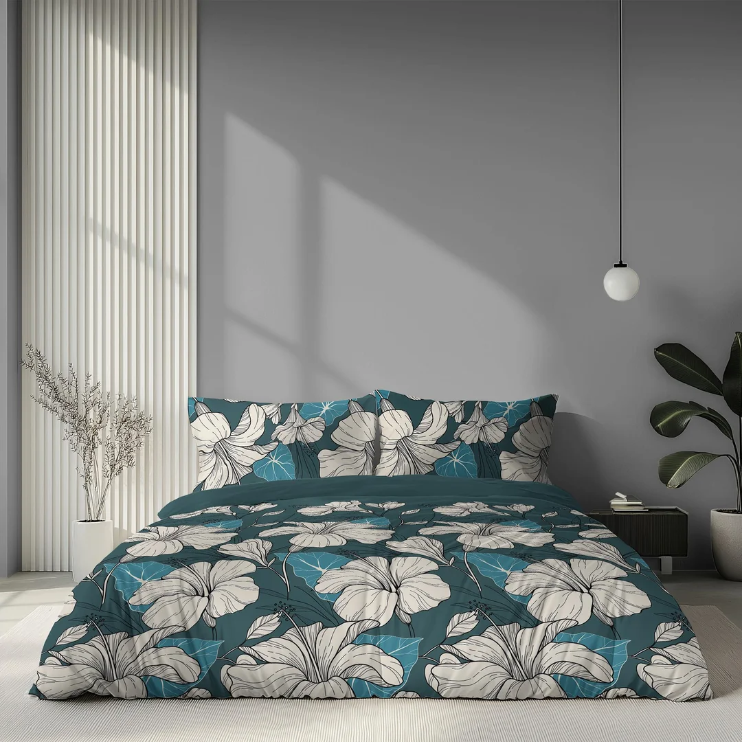 Pościel satynowa 220x200 turkusowa w białe kwiaty - 6062 B - Home Satin — zdjęcie 4