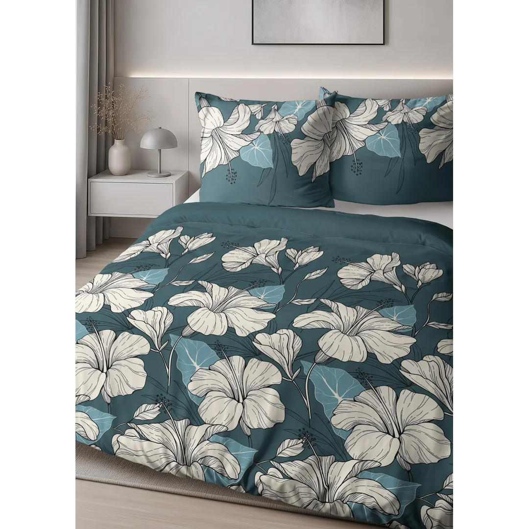 Pościel satynowa 220x200 turkusowa w białe kwiaty - 6062 B - Home Satin — zdjęcie 5