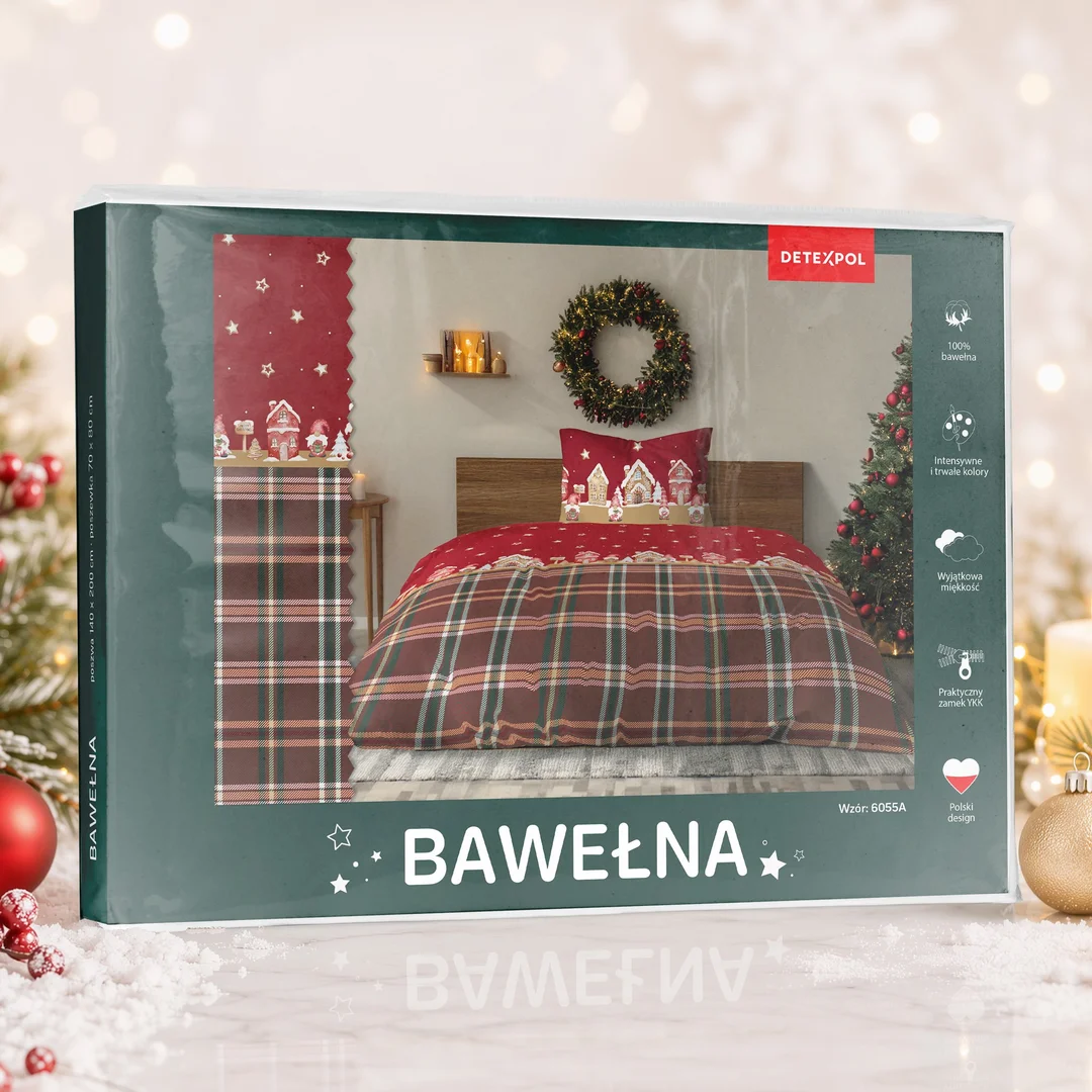 Pościel świąteczna 140x200 6055 A Świąteczna Wioska czerwona brązowa bawełniana Święta 2026 — zdjęcie 3