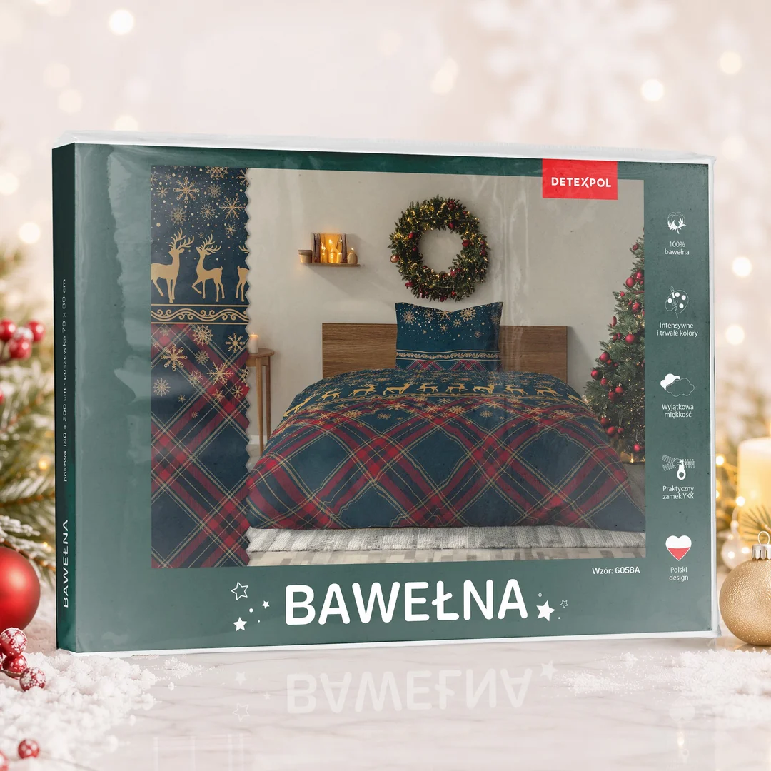 Pościel świąteczna 140x200 6058 A Zimowe Renifery granatowa czerwona bawełniana Święta 2026 — zdjęcie 3