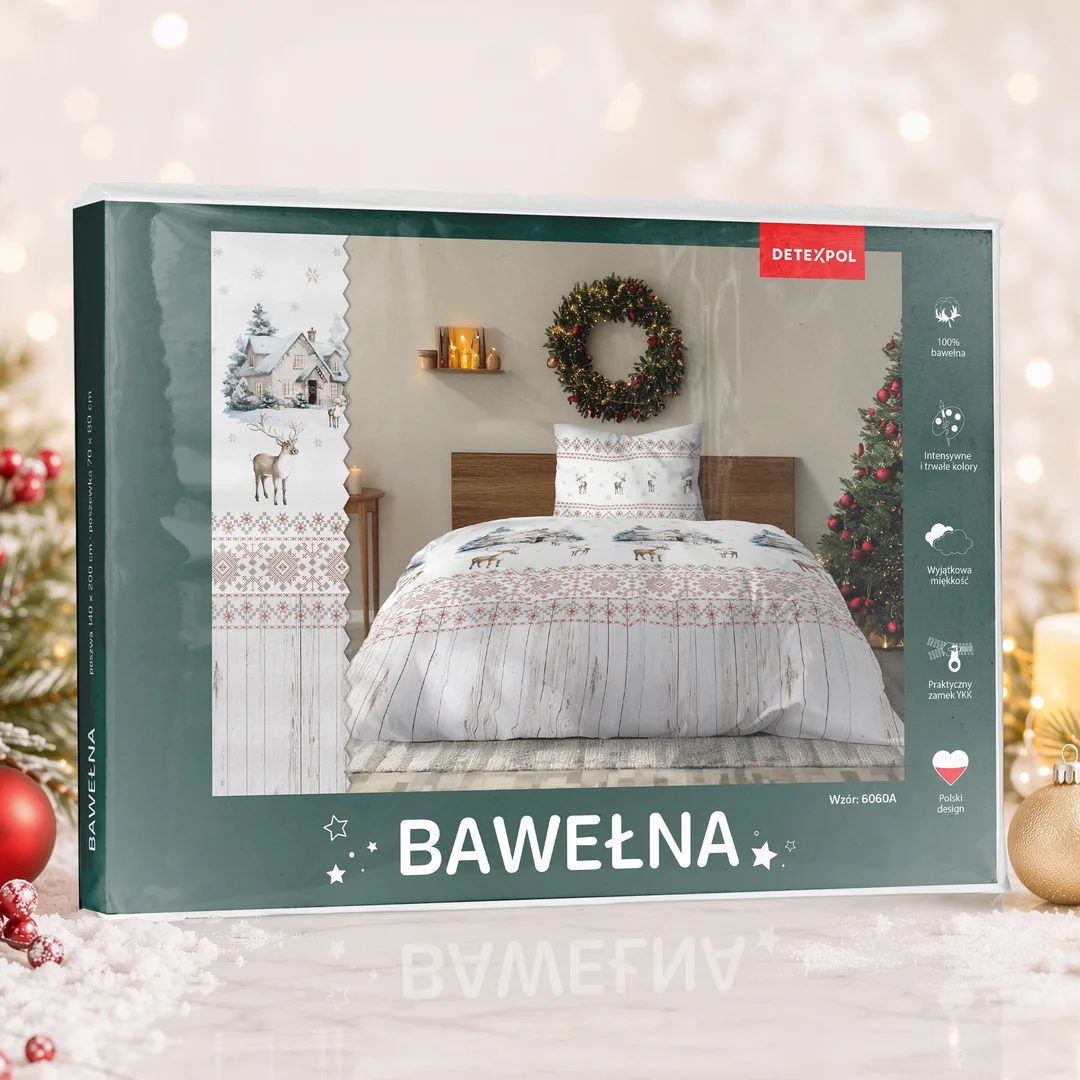 Pościel świąteczna 140x200 6060 A Zimowa Wioska biała szara bawełniana Święta 2026 — zdjęcie 2