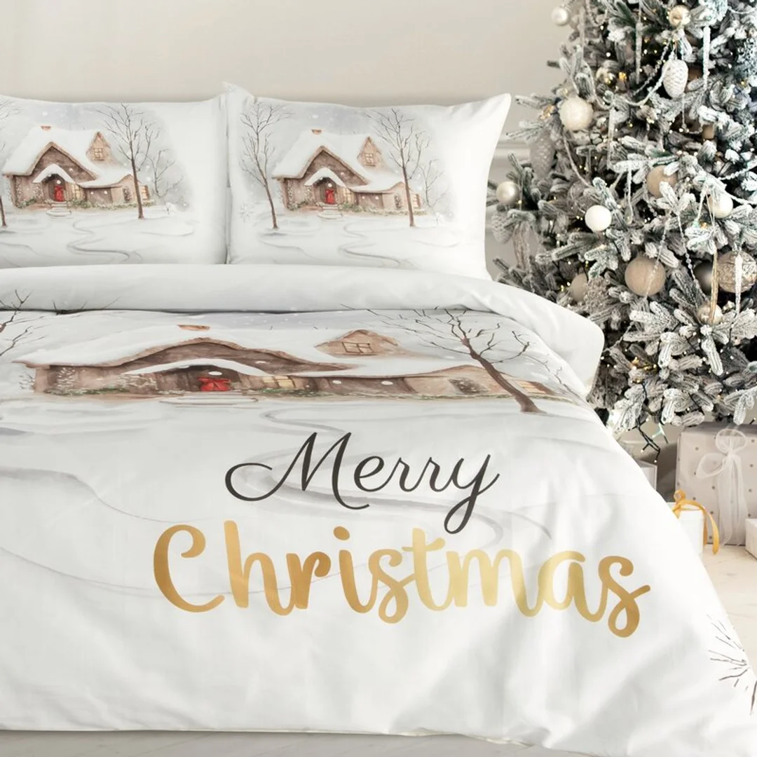 Pościel świąteczna 140x200 Joyfull biała beżowa Merry Christmas dom satynowa Eurofirany — zdjęcie 2