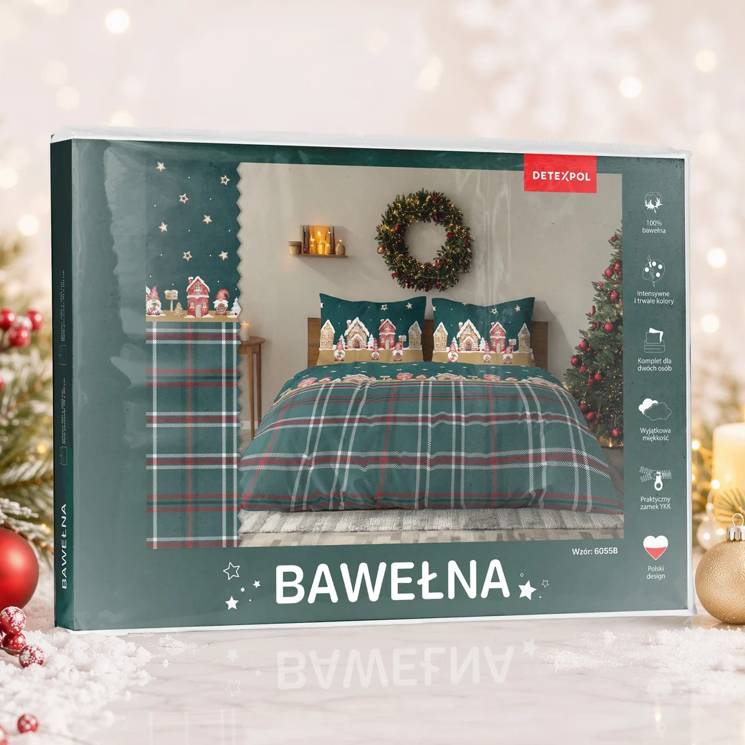 Pościel świąteczna 160x200 6055 B Świąteczna Wioska zielona czerwona bawełniana Święta 2026 — zdjęcie 3