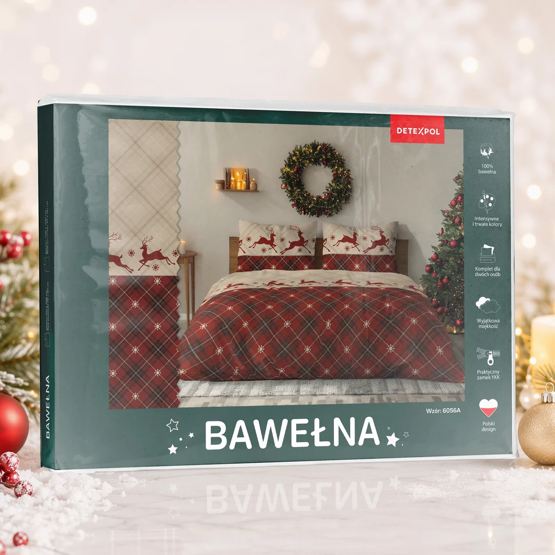 Pościel świąteczna 220x200 6056 A Świąteczne Renifery beżowa czerwona bawełniana Święta 2026 — zdjęcie 3