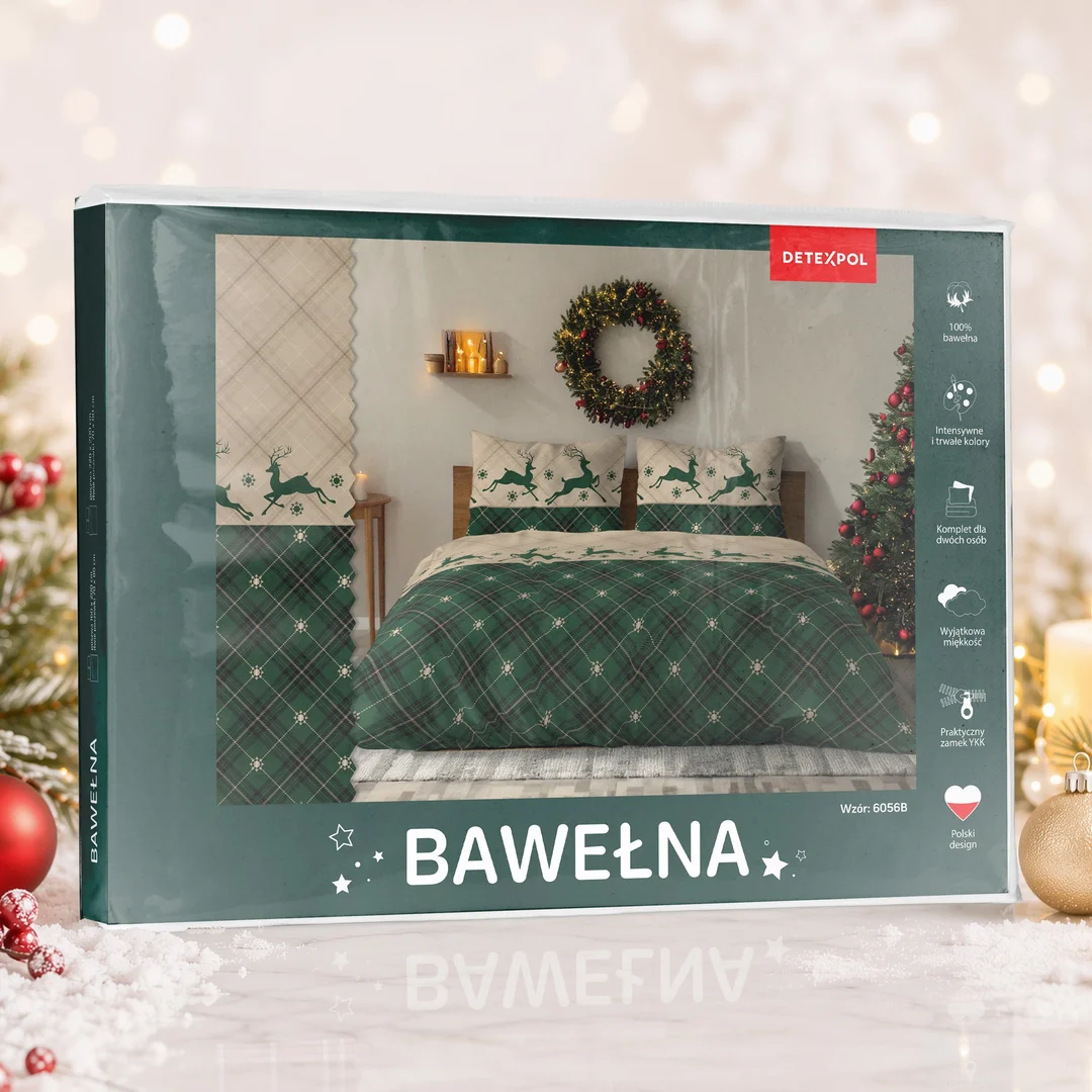 Pościel świąteczna 220x200 6056 B Świąteczne Renifery beżowa zielona bawełniana Święta 2026 — zdjęcie 2