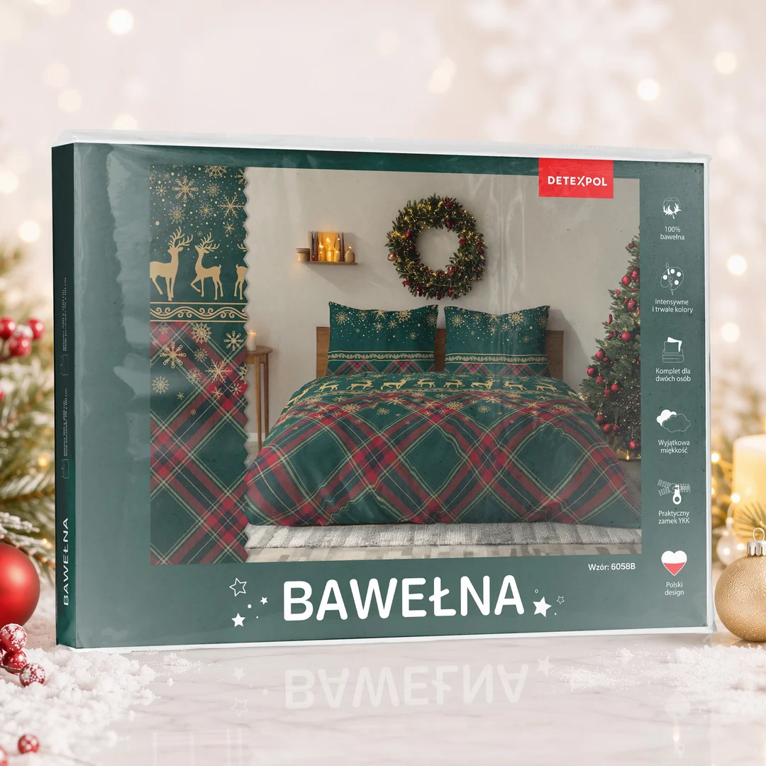 Pościel świąteczna 220x200 6058 B Zimowe Renifery zielona czerwona bawełniana Święta 2026 — zdjęcie 3