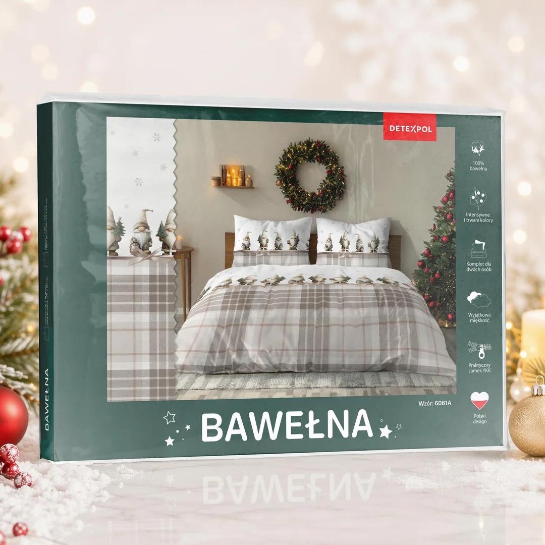 Pościel świąteczna 220x200 6061 A Świąteczne Krasnale biała beżowa bawełniana Święta 2026 — zdjęcie 4