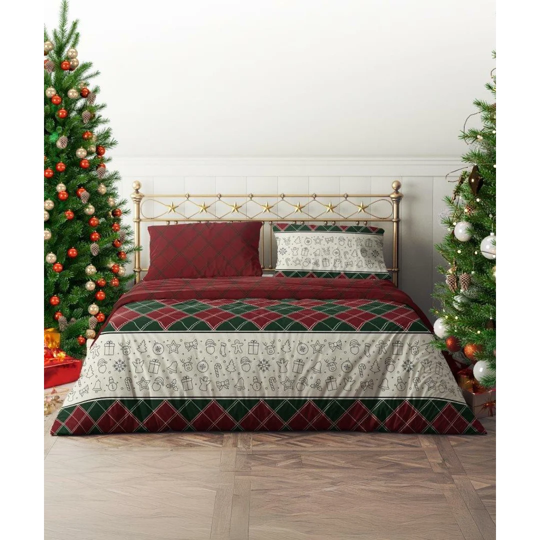 Pościel świąteczna bawełniana 160x200 bordowa zielona kratka MAGIC WINTER 004 — zdjęcie 5
