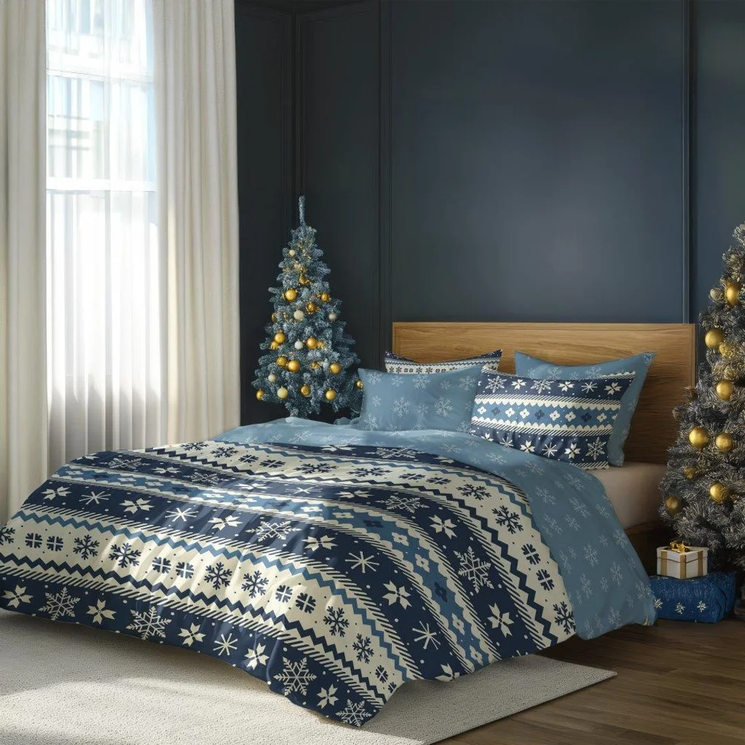 Pościel świąteczna bawełniana 160x200 niebieska granatowa ścieżynki MAGIC WINTER 006 — zdjęcie 2