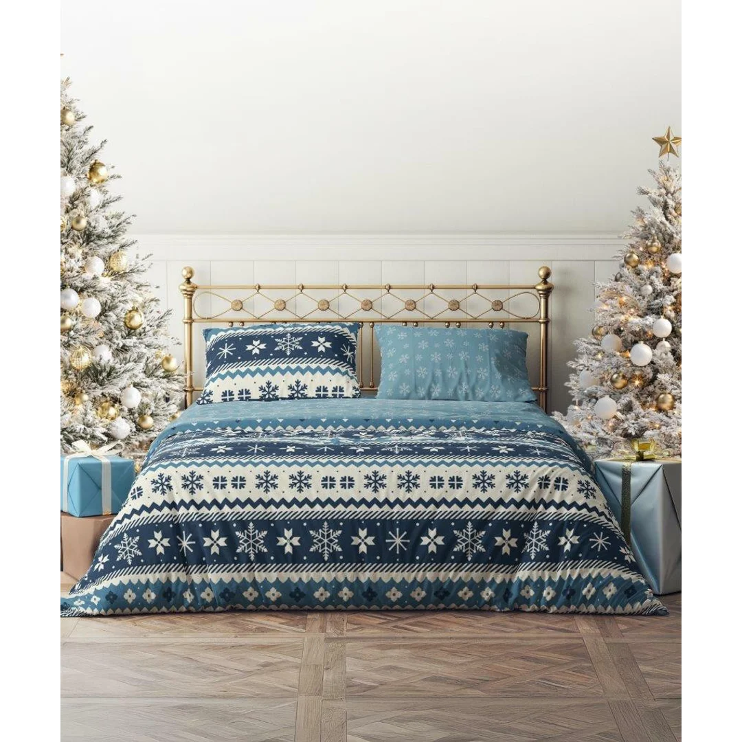 Pościel świąteczna bawełniana 160x200 niebieska granatowa ścieżynki MAGIC WINTER 006 — zdjęcie 4