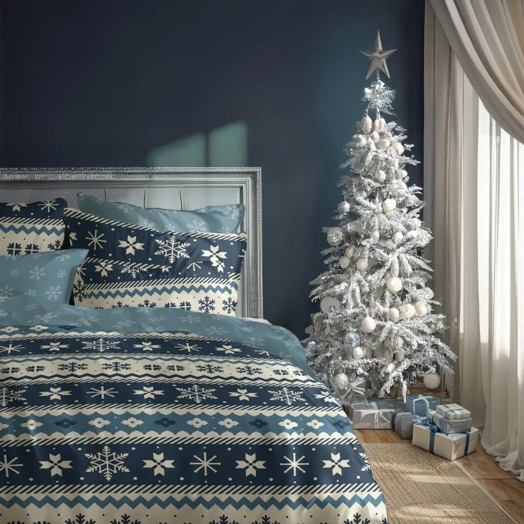 Pościel świąteczna bawełniana 220x200 niebieska granatowa ścieżynki MAGIC WINTER 006 — zdjęcie 3
