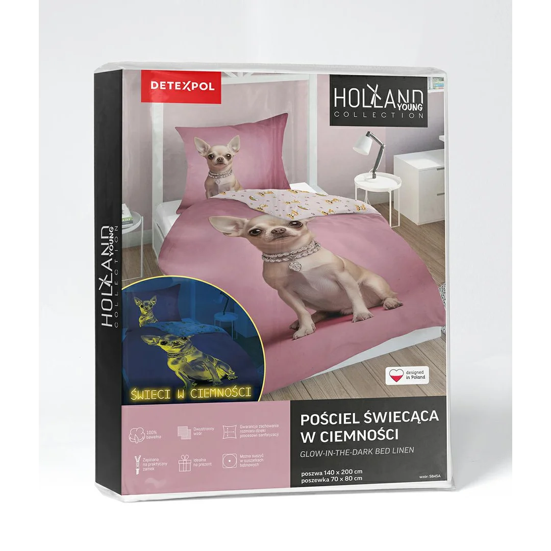 Pościel świecąca w ciemności 140x200 - 5845 A - różowa z pieskiem chihuahua - GlowDream — zdjęcie 6