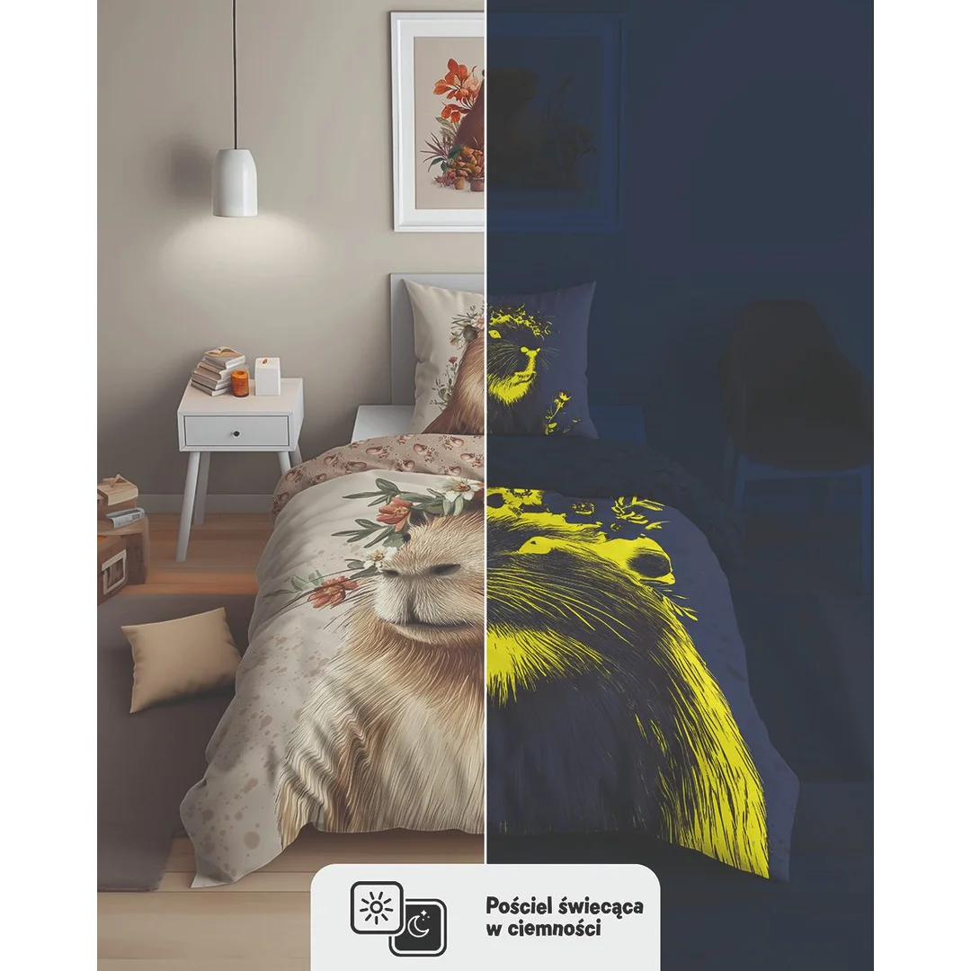 Pościel świecąca w ciemności 140x200 5977 A Kapibara beżowa zielona Fluo 50 — zdjęcie 4