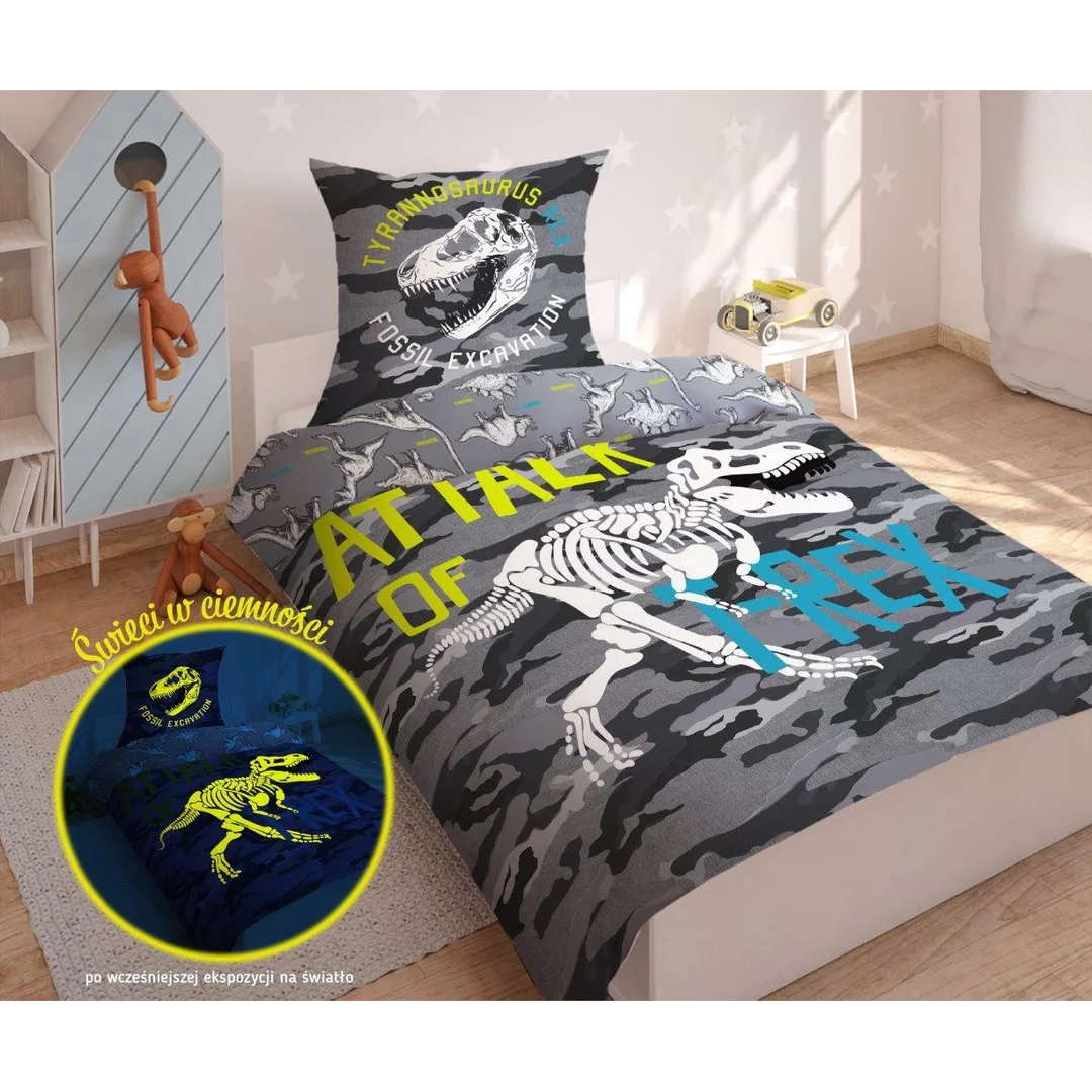 Pościel świecąca w ciemności 140x200 Dinozaury T-Rex szkielet moro szara 3042 A 2339 — zdjęcie 2