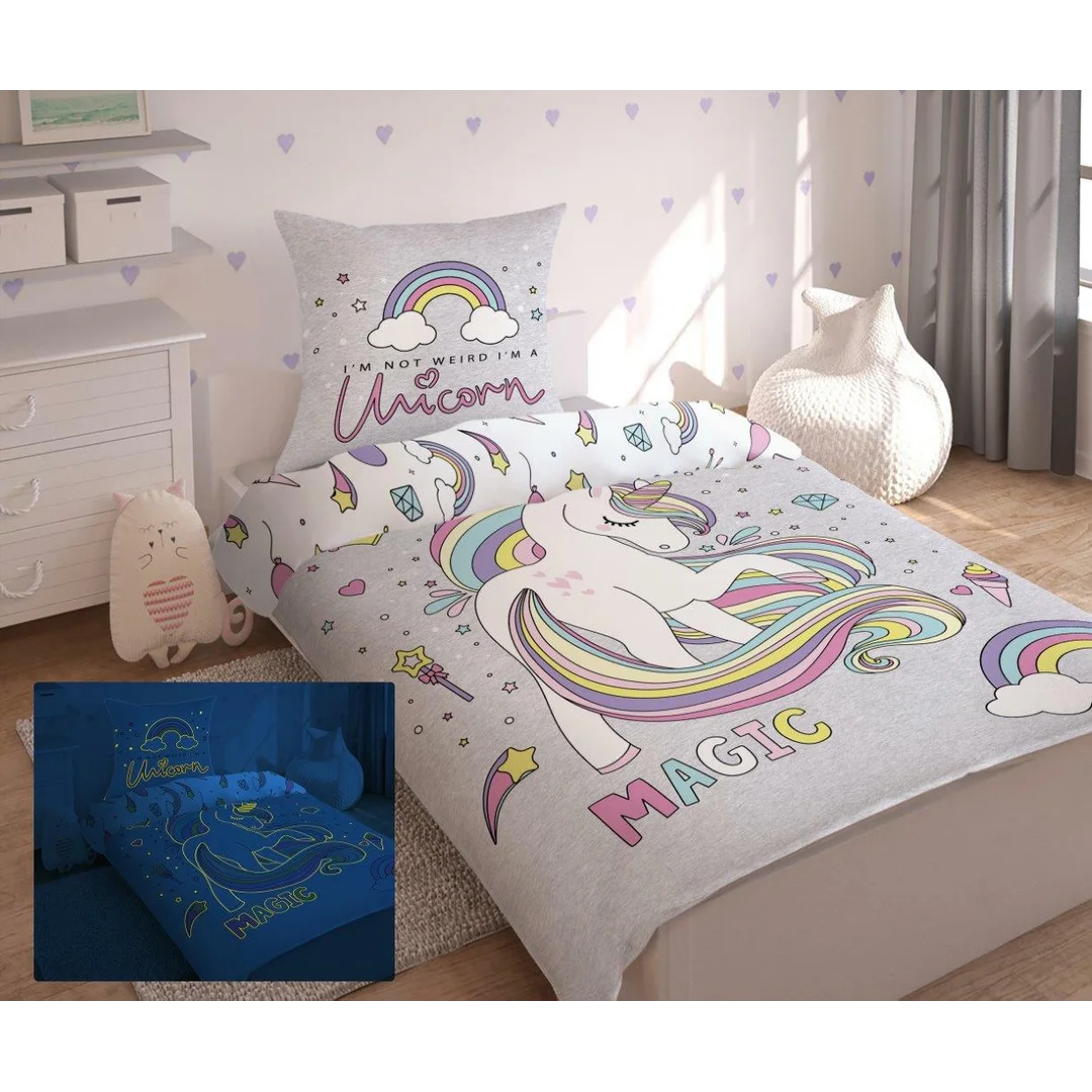Pościel świecąca w ciemności 140x200 Jednorożec Unicorn 7855 magiczny konik kucyk szara 2917 A — zdjęcie 2