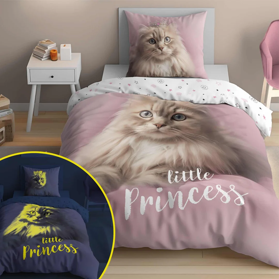 Pościel świecąca w ciemności 140x200 Kot różowa biała 5211 A Fluo 40 — zdjęcie 5