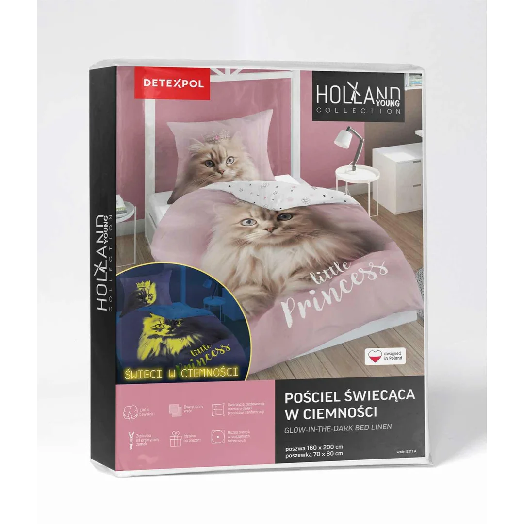 Pościel świecąca w ciemności 140x200 Kot różowa biała 5211 A Fluo 40 — zdjęcie 6