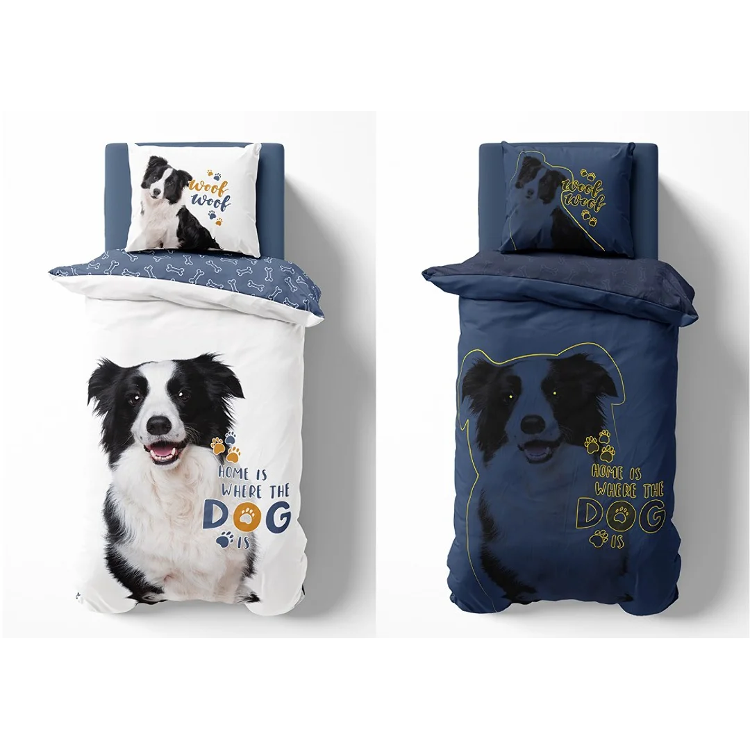 Pościel świecąca w ciemności 140x200 pies border collie 4088 A biała bawełniana Fluo 127 — zdjęcie 3