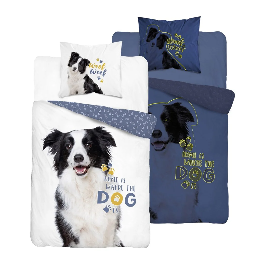 Pościel świecąca w ciemności 140x200 pies border collie 4088 A biała bawełniana Fluo 127 — zdjęcie 4