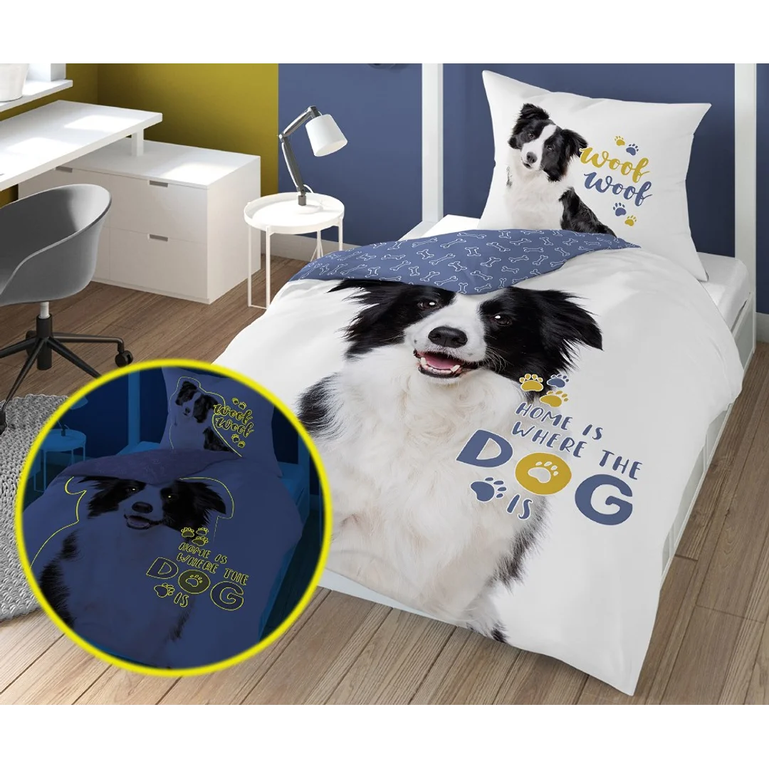 Pościel świecąca w ciemności 140x200 pies border collie 4088 A biała bawełniana Fluo 127 — zdjęcie 5
