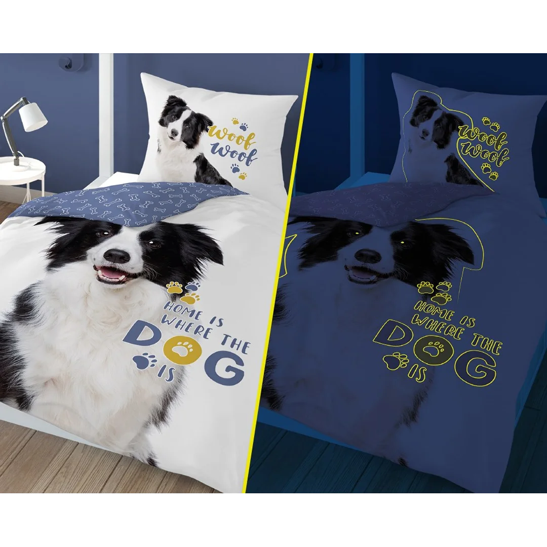 Pościel świecąca w ciemności 140x200 pies border collie 4088 A biała bawełniana Fluo 127 — zdjęcie 6