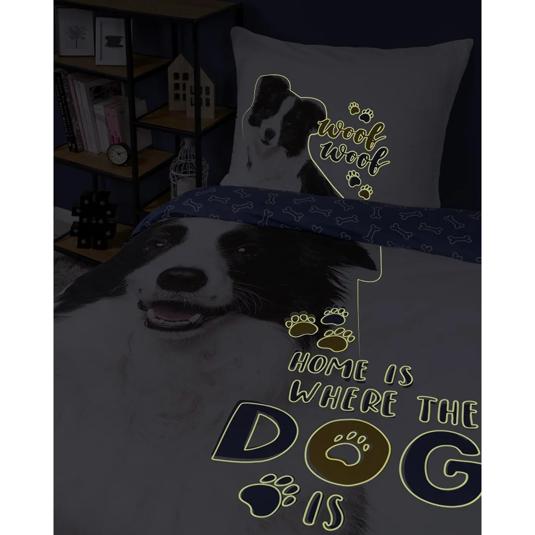 Pościel świecąca w ciemności 140x200 pies border collie 4088 A biała bawełniana Fluo 127 — zdjęcie 8