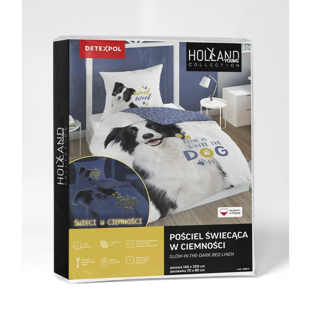 Pościel świecąca w ciemności 140x200 pies border collie 4088 A biała bawełniana Fluo 127 — zdjęcie 9