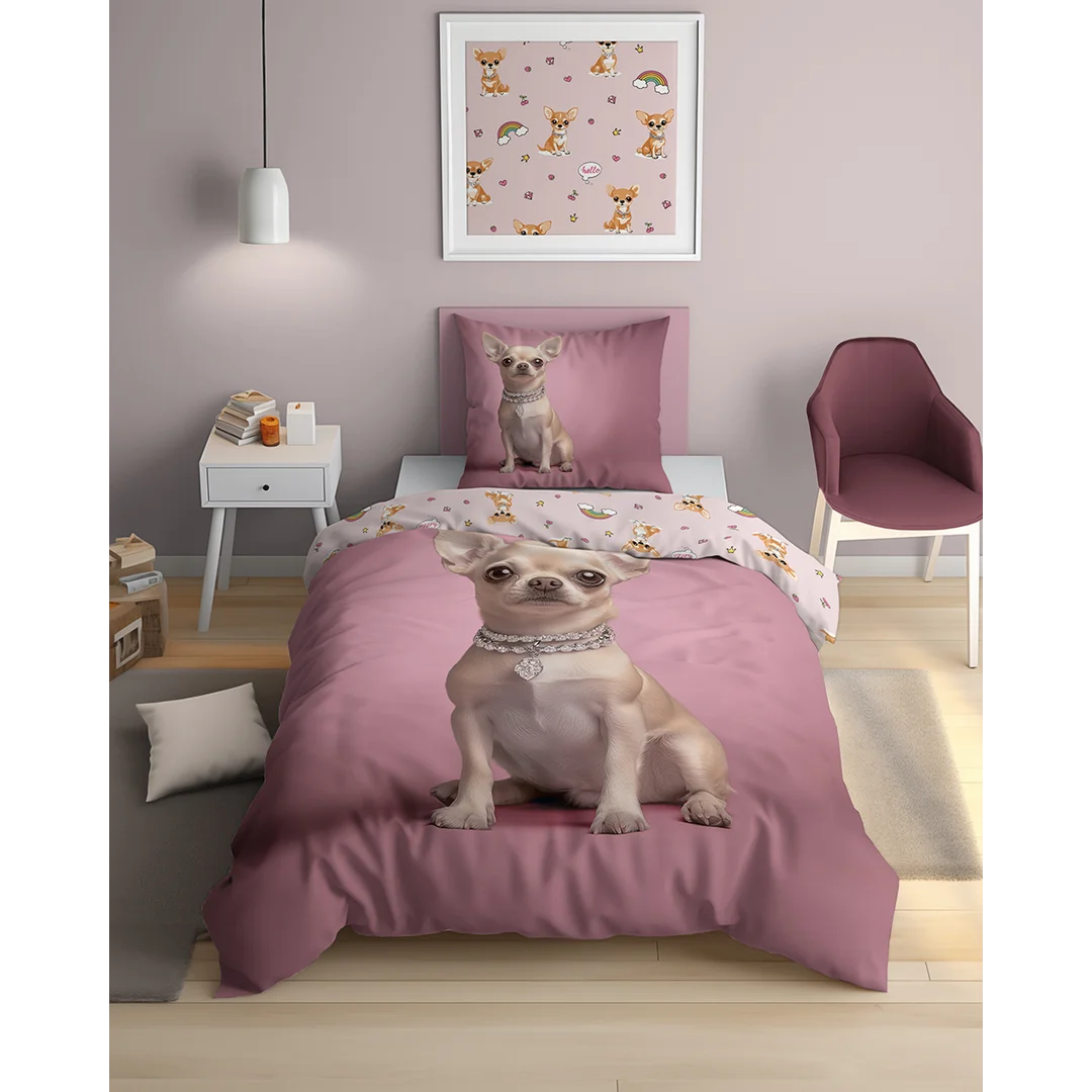 Pościel świecąca w ciemności 160x200 - 5845 A - różowa z pieskiem chihuahua - GlowDream — zdjęcie 2