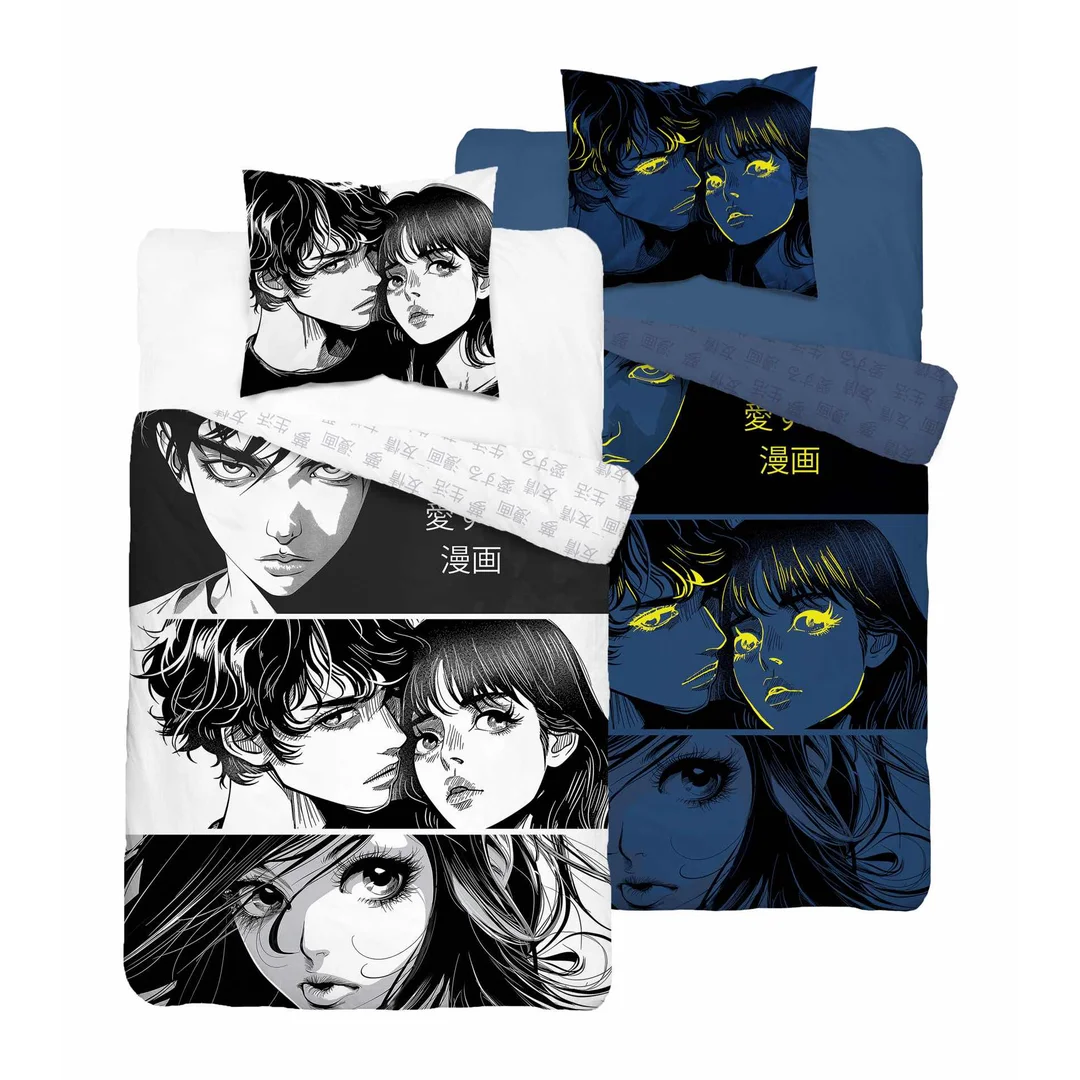 Pościel świecąca w ciemności 160x200 Anime Boy Girl czarna biała 5207 A Fluo 40 — zdjęcie 2
