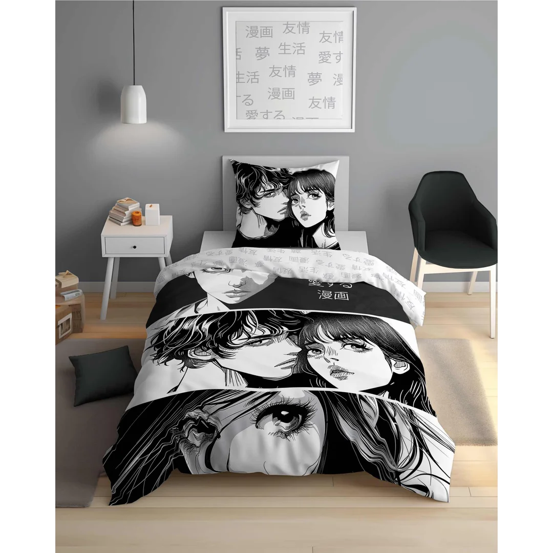 Pościel świecąca w ciemności 160x200 Anime Boy Girl czarna biała 5207 A Fluo 40 — zdjęcie 3