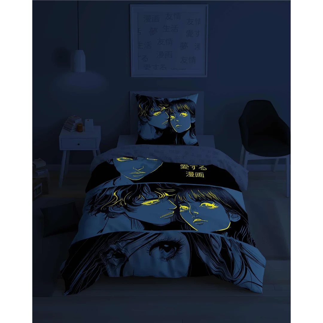 Pościel świecąca w ciemności 160x200 Anime Boy Girl czarna biała 5207 A Fluo 40 — zdjęcie 4
