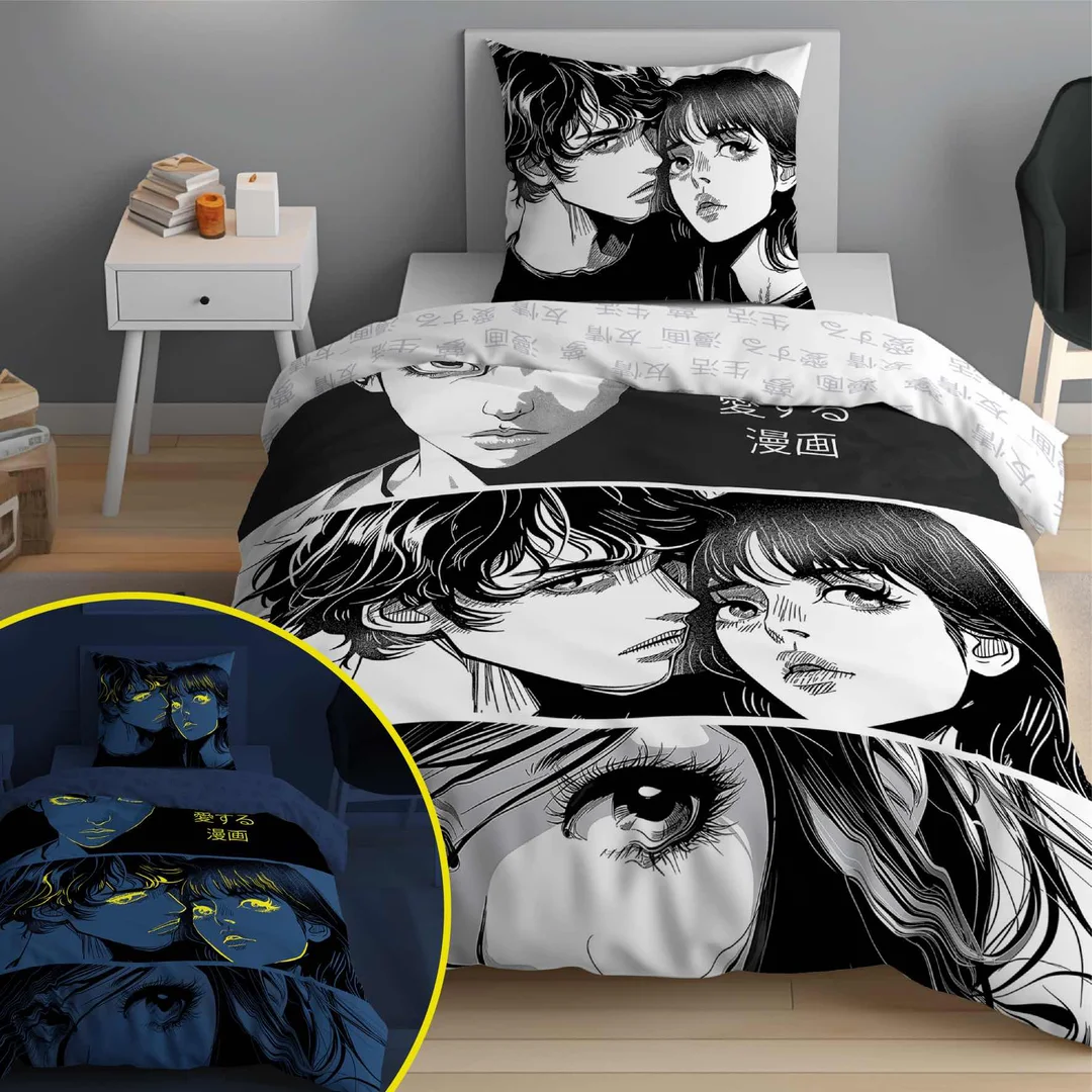 Pościel świecąca w ciemności 160x200 Anime Boy Girl czarna biała 5207 A Fluo 40 — zdjęcie 5