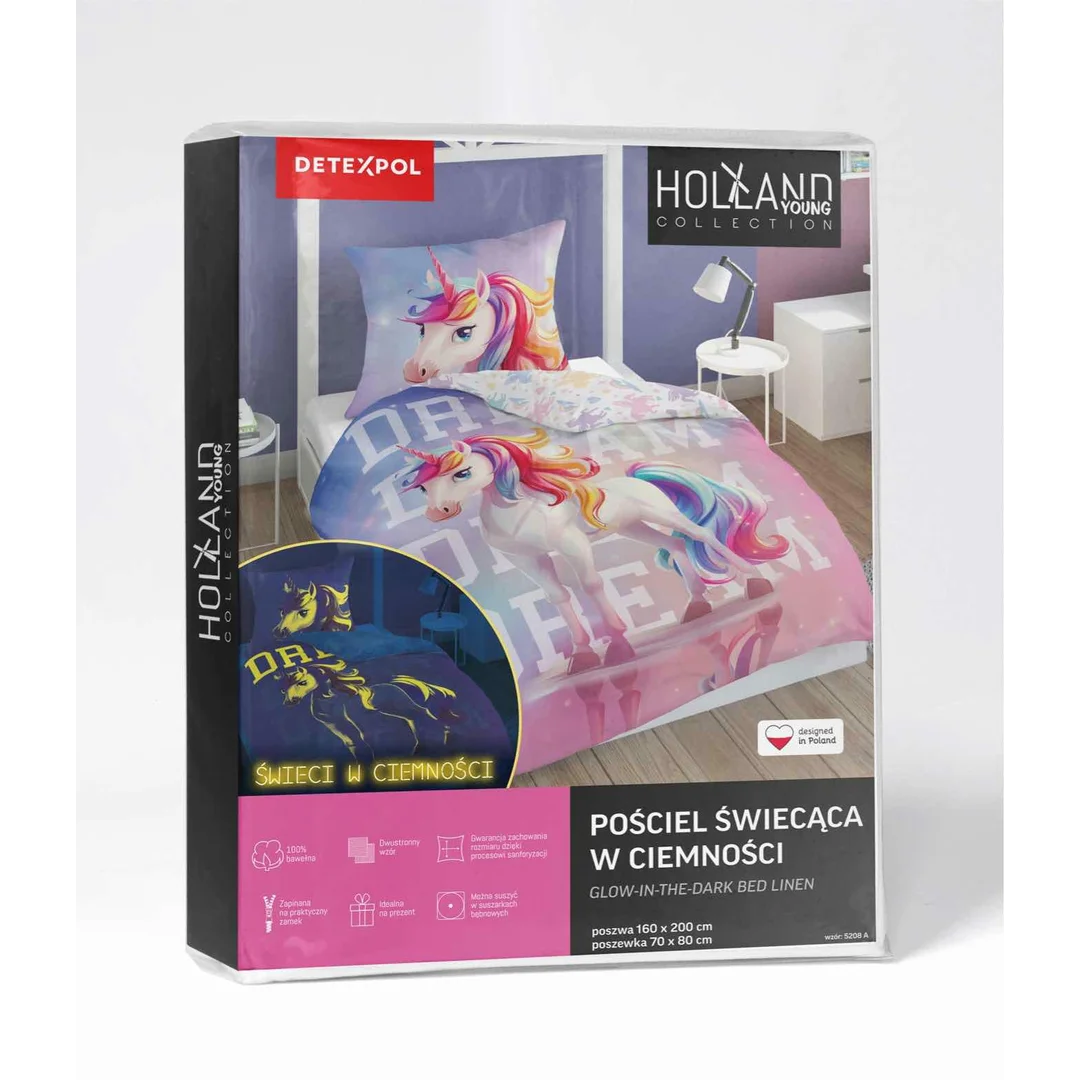 Pościel świecąca w ciemności 160x200 Jednorożec różowa niebieska wielokolorowa 5208 A Fluo 40 — zdjęcie 6