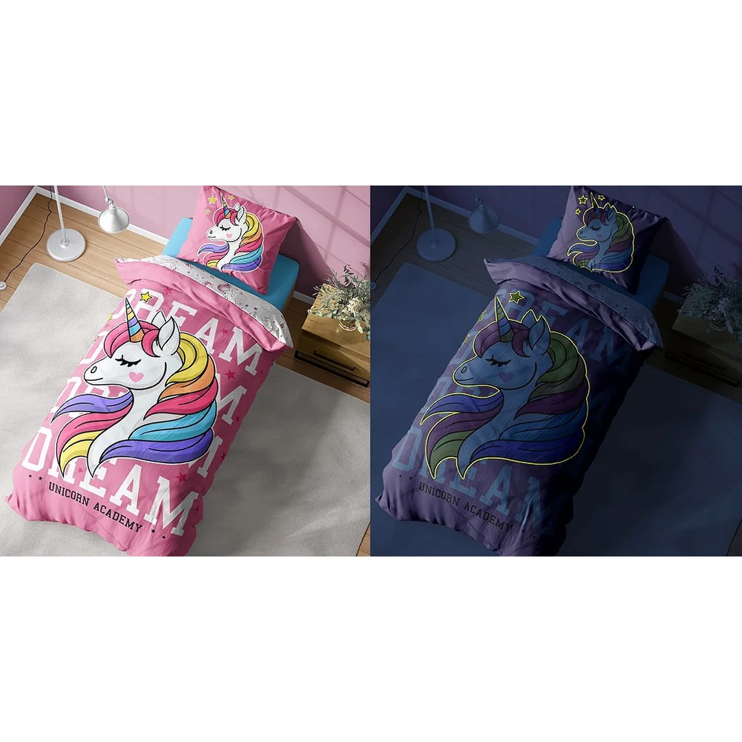 Pościel świecąca w ciemności 160x200 Jednorożec unicorn różowa 4235 A bawełniana Fluo 76 — zdjęcie 3