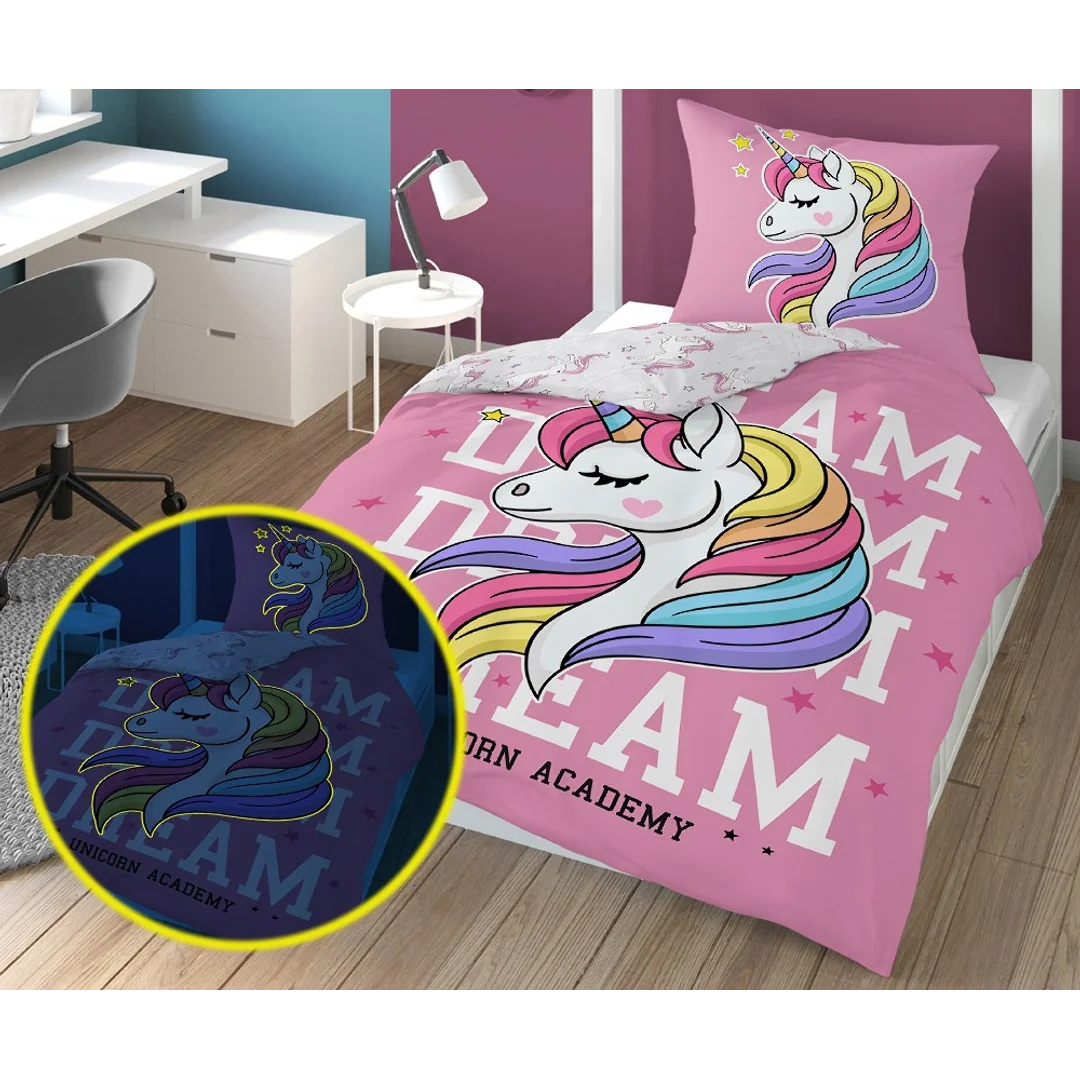 Pościel świecąca w ciemności 160x200 Jednorożec unicorn różowa 4235 A bawełniana Fluo 76 — zdjęcie 6