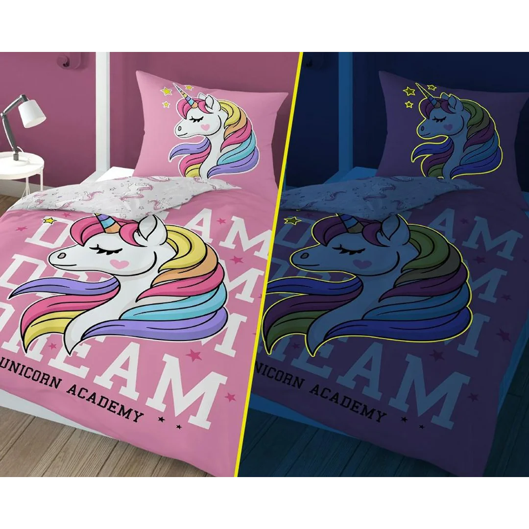 Pościel świecąca w ciemności 160x200 Jednorożec unicorn różowa 4235 A bawełniana Fluo 76 — zdjęcie 7