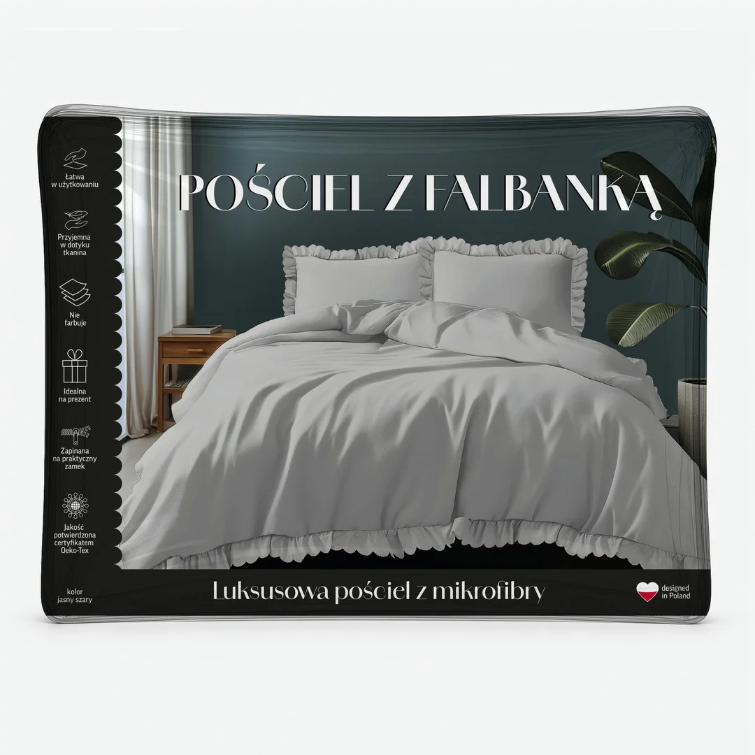 Pościel z mikrofibry 160x200 jasnoszara jednobarwna z falbanką Micro 58 — zdjęcie 4