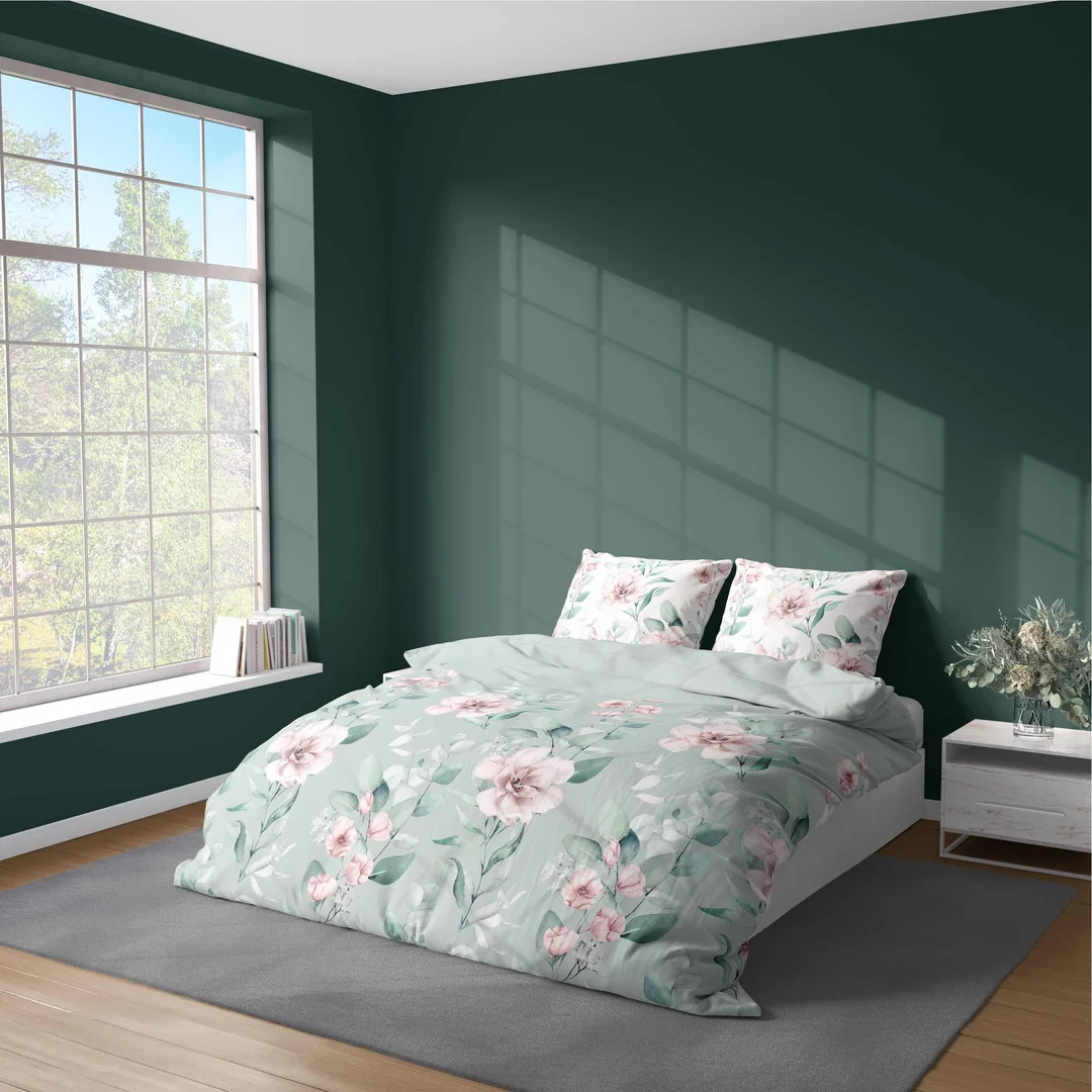 Pościel z mikrofibry 220x200 Miętowa Różowy kwiatki 5035 A 65 Light — zdjęcie 2