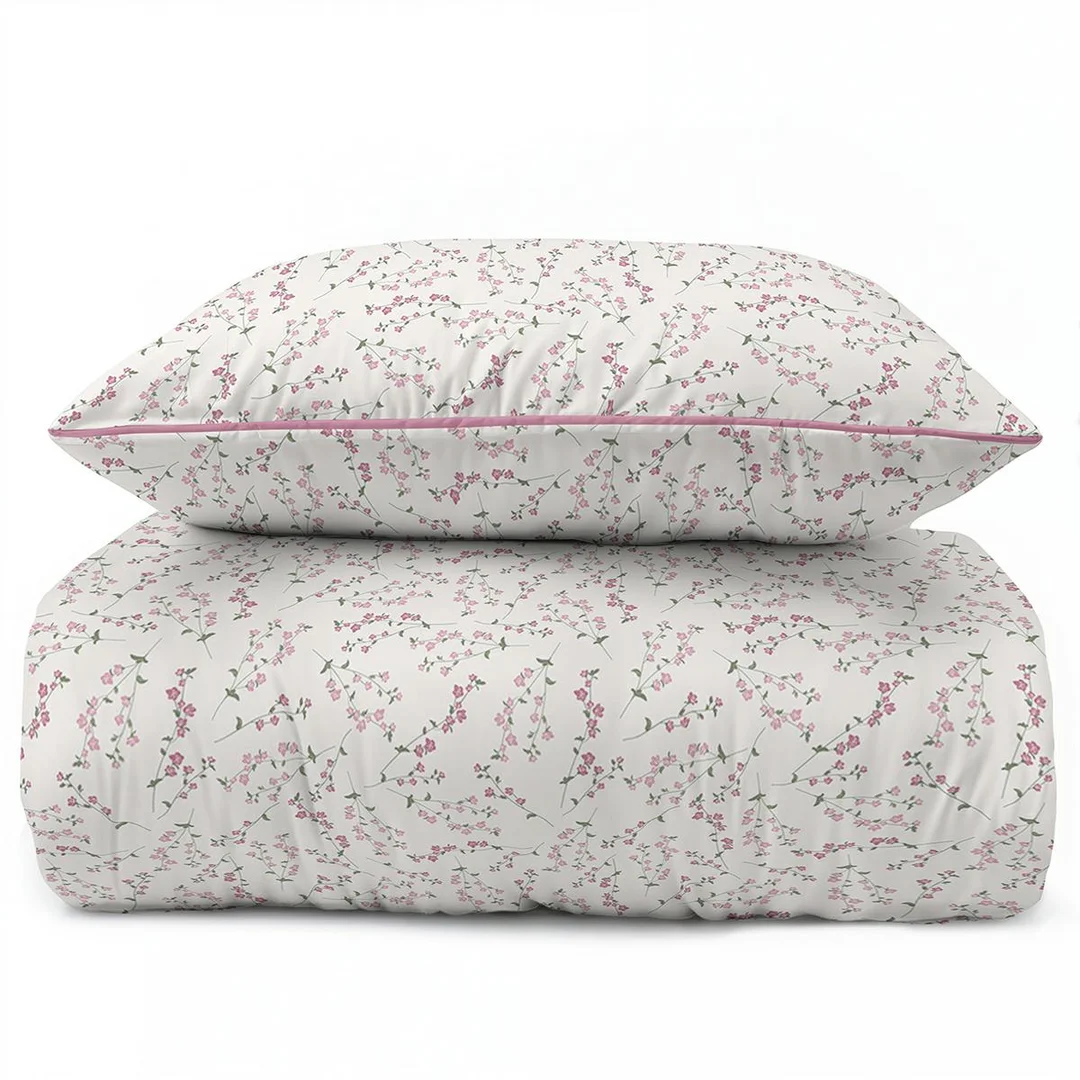 Pościel z perkalu 160x200 biała w różowe gałązki kwiatów - 5895 B - Soft Garden — zdjęcie 3