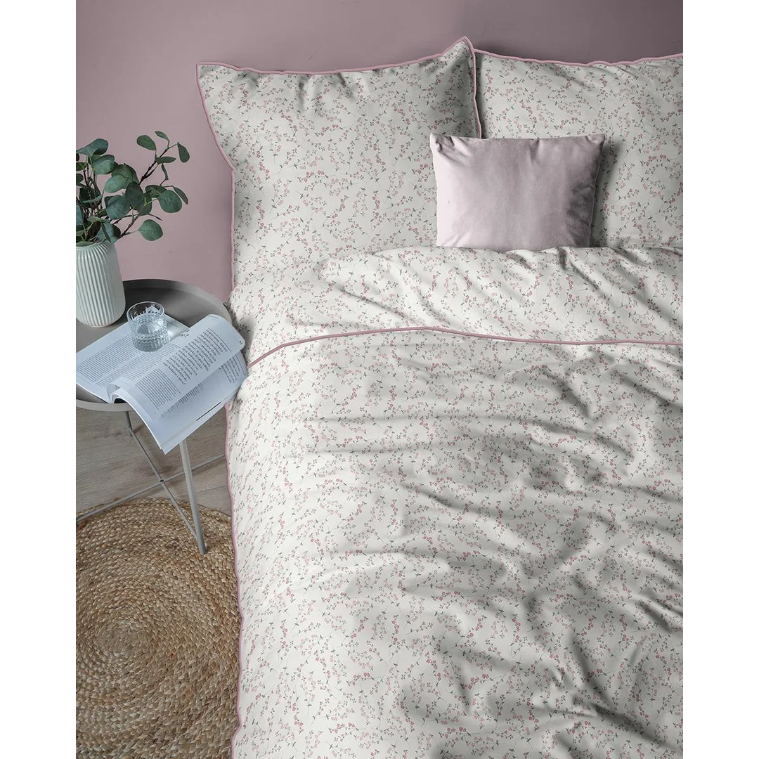 Pościel z perkalu 220x200 biała w różowe gałązki kwiatów - 5895 B - Soft Garden — zdjęcie 2