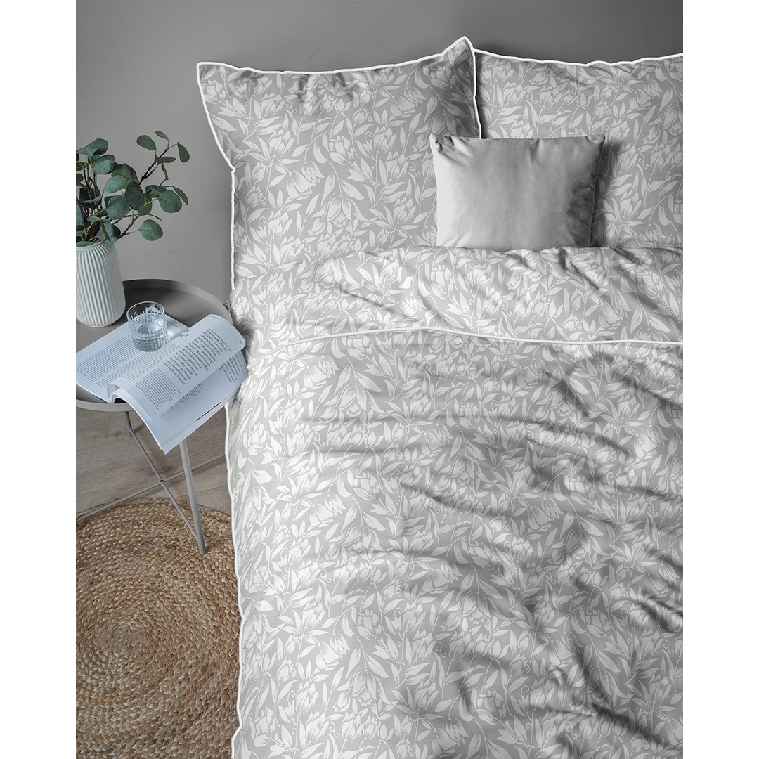 Pościel z perkalu 220x200 jasnoszara w botaniczny wzór - 5900 B - Soft Garden — zdjęcie 2