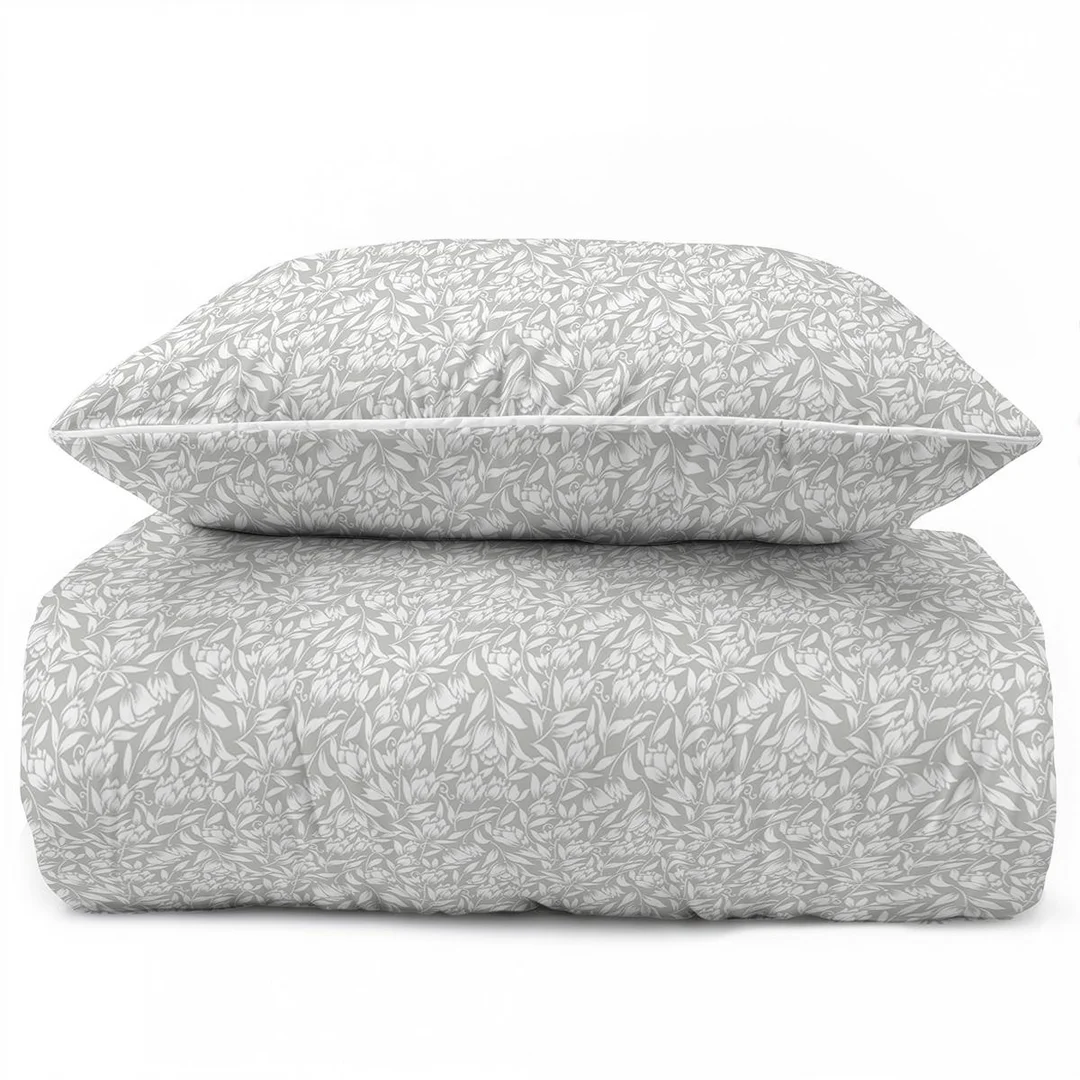 Pościel z perkalu 220x200 jasnoszara w botaniczny wzór - 5900 B - Soft Garden — zdjęcie 3
