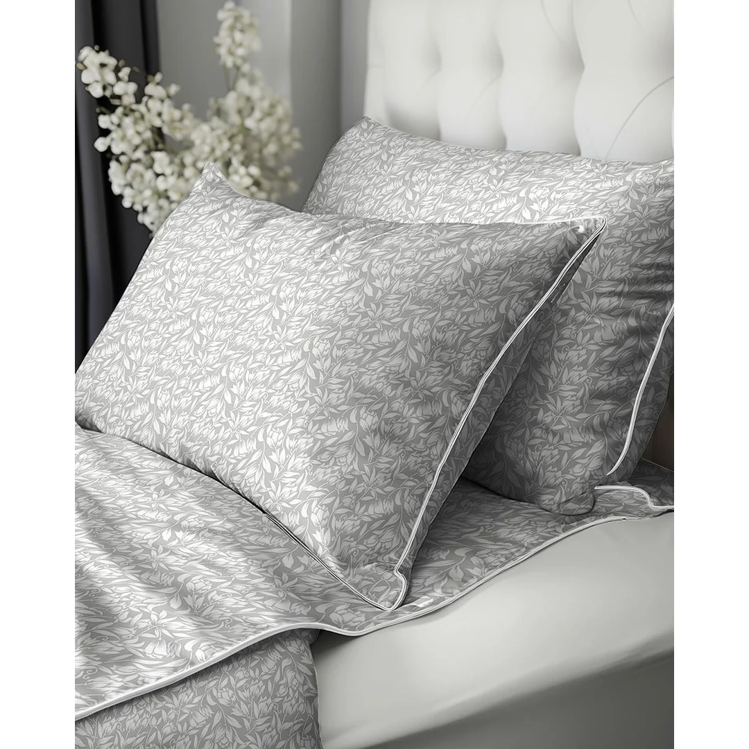 Pościel z perkalu 220x200 jasnoszara w botaniczny wzór - 5900 B - Soft Garden — zdjęcie 5