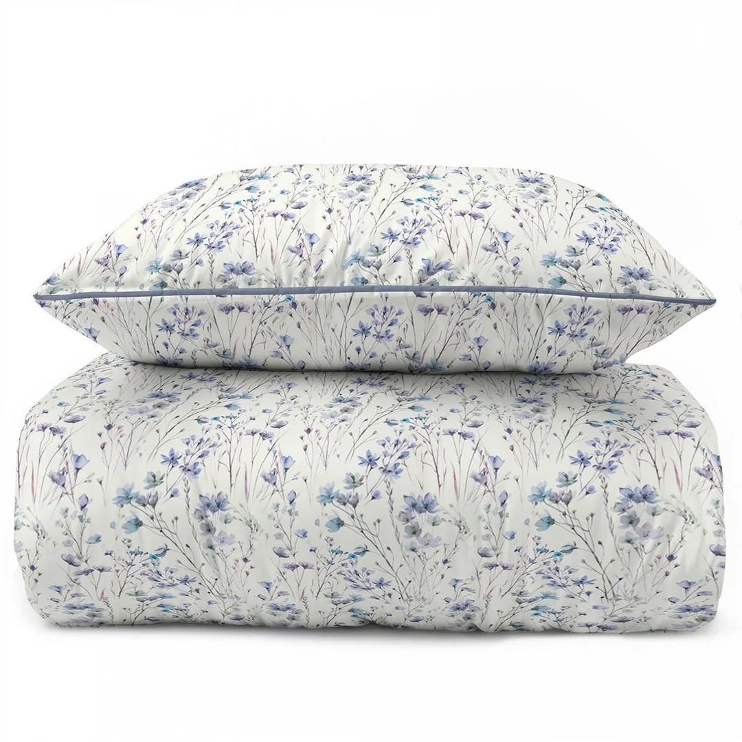 Pościel z perkalu 220x200 kremowa w niebiesko-fioletowe polne kwiaty - 5896 B - Soft Garden — zdjęcie 3