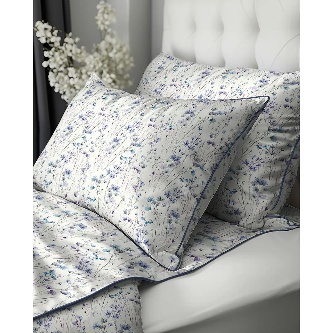 Pościel z perkalu 220x200 kremowa w niebiesko-fioletowe polne kwiaty - 5896 B - Soft Garden — zdjęcie 5