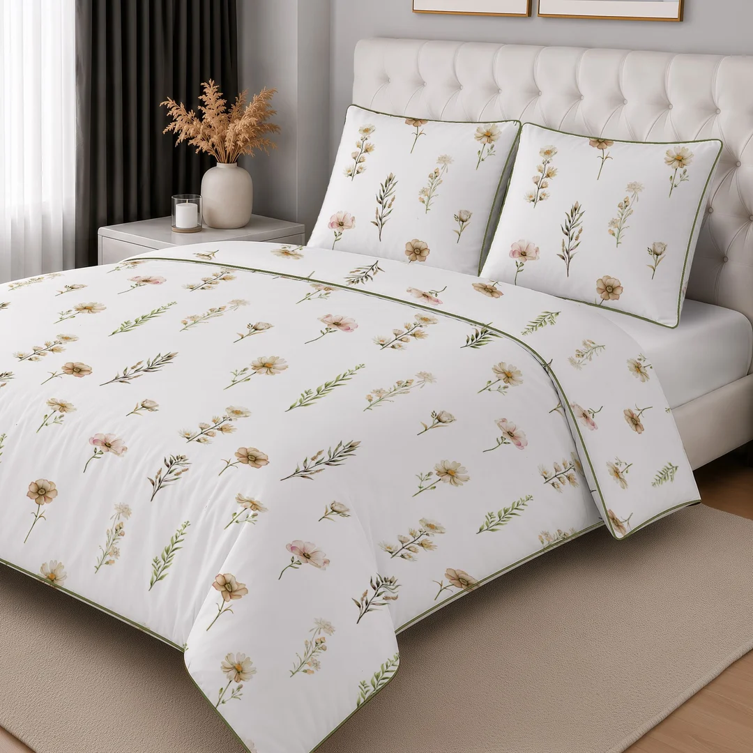 Pościel z perkalu biała beżowa w delikatne kwiatowe gałązki – 160x200 cm – Eden – wzór 5969 B — zdjęcie 3