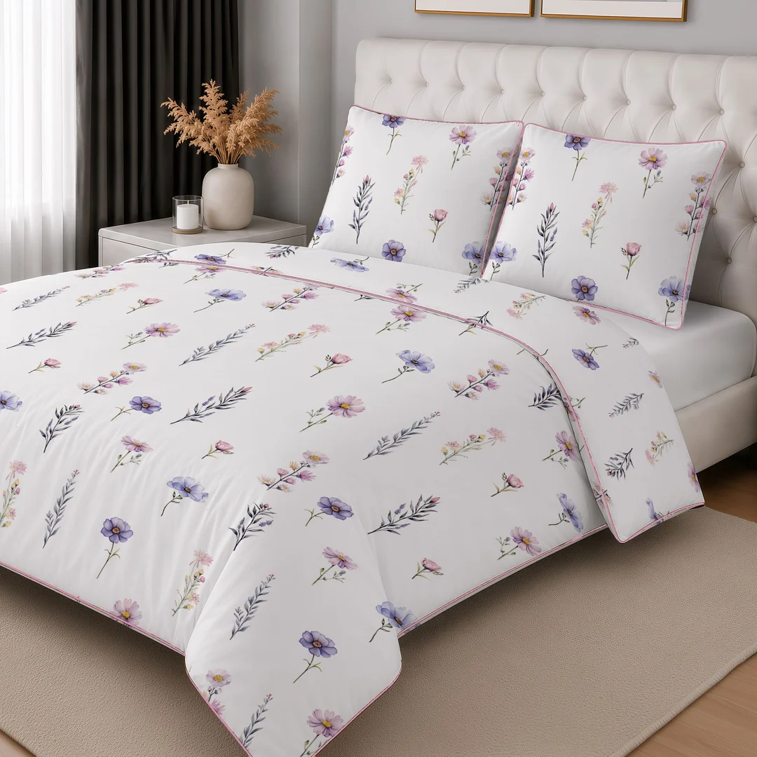 Pościel z perkalu biała różowa w delikatne kwiatowe gałązki – 160x200 cm – Eden – wzór 5969 A — zdjęcie 3