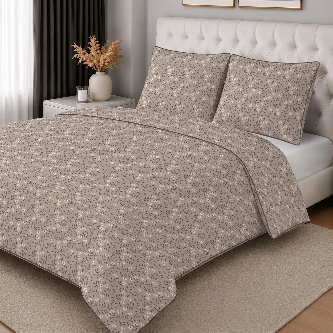 Pościel z perkalu brązowa beżowa w drobny wzór roślinny – 160x200 cm – Eden – wzór 5968 A — zdjęcie 3